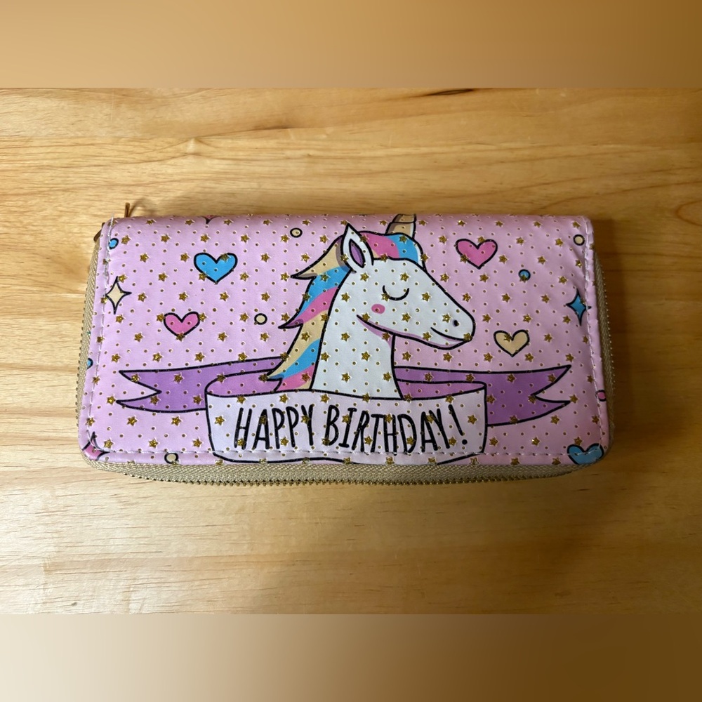 Unicorn Happy Birthday Zip Around Wallet Pink Gold Stars Wristlet Clutch - Picture 2 of 9